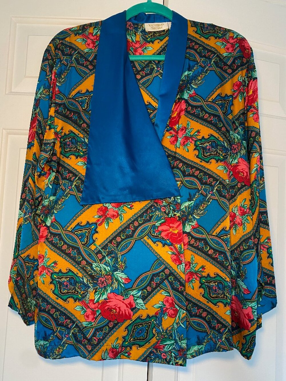 Vintage Victoria's Secret Blouse 100% Silk Bold Turquoise Baroque 90s Glam